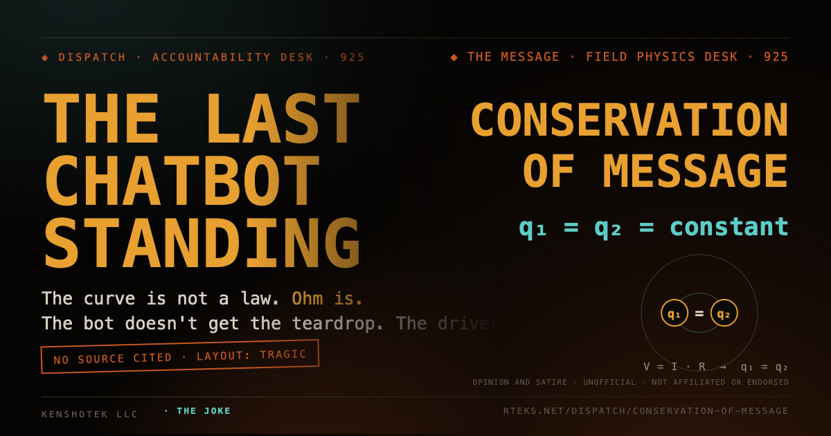 The Last Chatbot Standing, the joke, tapering into Conservation of Message, the message: q1 equals q2 equals constant.